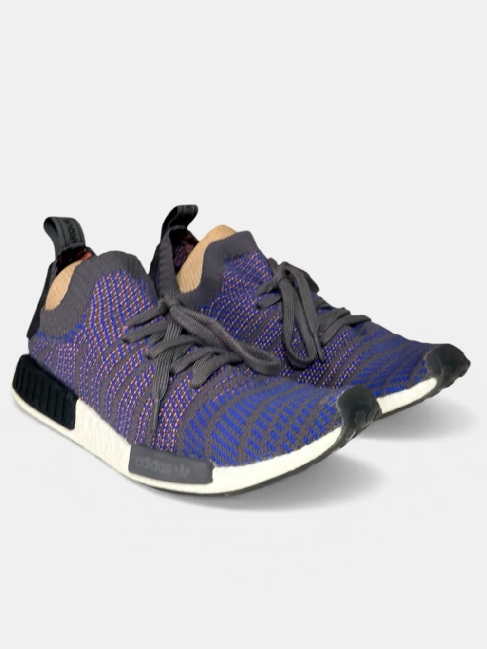 adidas Men’s NMD R1 STLT Primeknit Sneaker - Blue/Black/Coral -Style CQ2388